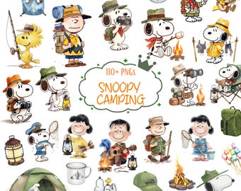 Snoopy Camping PNG Bundle, Peanuts Outdoor Adventure Clipart, Hiking Fishing Campfire Watercolor PNG, Summer Camp Digital Download