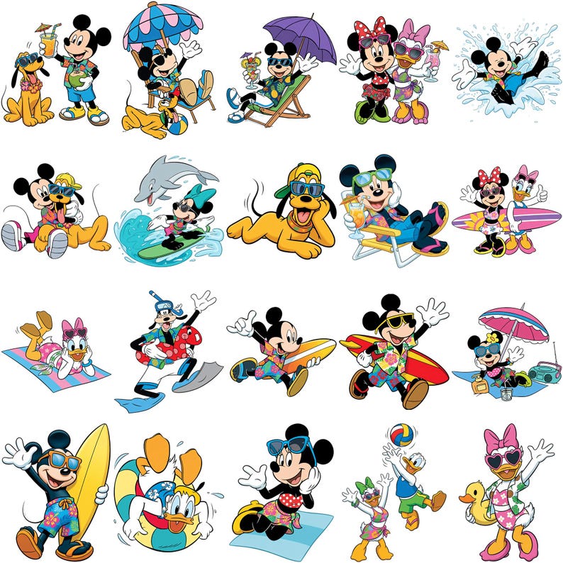 May include: A collection of colorful cartoon illustrations featuring Mickey Mouse, Minnie Mouse, Donald Duck, Daisy Duck, and Pluto enjoying various beach activities. Characters are depicted with sunglasses, surfboards, and beach umbrellas.