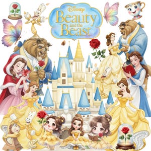 Pode incluir: Ilustração em aquarela com personagens e elementos de "A Bela e a Fera" da Disney. A imagem inclui Bela em um vestido amarelo, a Fera, um castelo, rosas e o título do filme em um design azul e dourado. Borboletas e outros personagens também estão presentes.