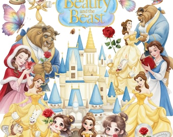 100+ Beauty and the Beast Watercolor Clipart PNG Bundle, Princess Belle Clipart, Fairytale Sublimation Design, Birthday Printable