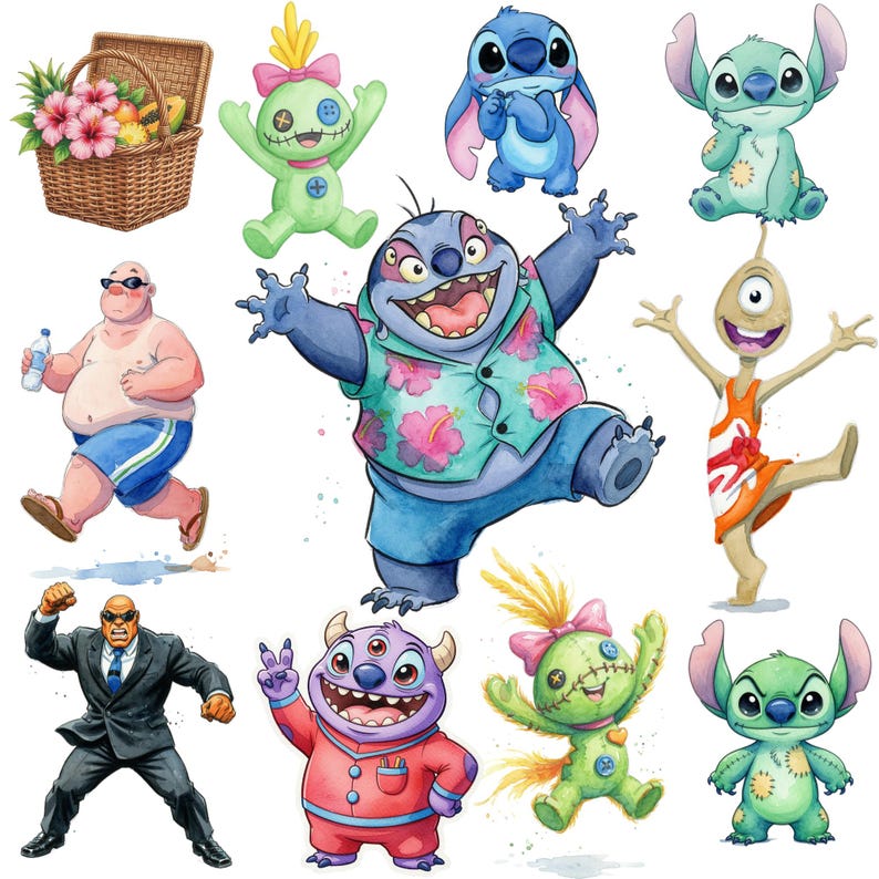 May include: Watercolor illustrations of various characters, including Stitch, a green doll-like figure, a basket of fruit and flowers, and a man in swim trunks. The characters are in bright colors and various poses.