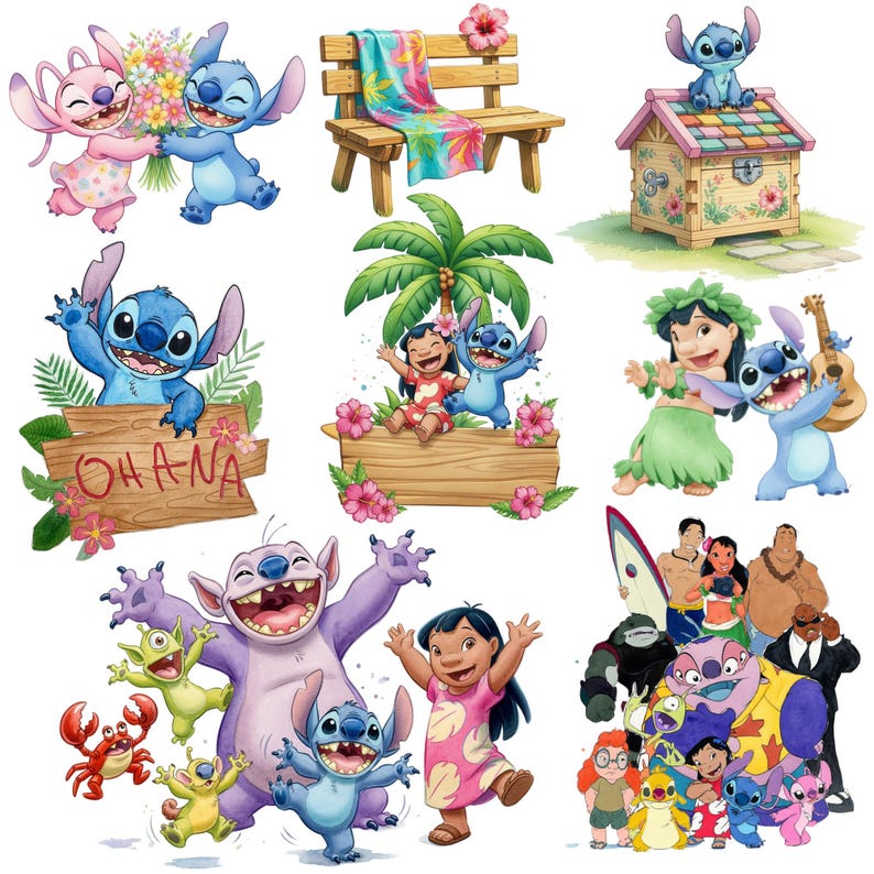May include: A collection of colorful illustrations featuring characters from the animated movie Lilo & Stitch. The images include Stitch, Angel, Lilo, and other characters in various poses, with tropical and Hawaiian themes.