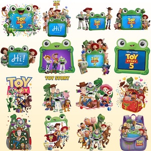 K&ouml;nnte beinhalten: Eine Sammlung digitaler Illustrationen mit Toy Story 5 Charakteren wie Woody, Buzz Lightyear, Jessie, Rex und Slinky Dog. Mehrere Designs enthalten einen gr&uuml;nen, froschf&ouml;rmigen Rahmen mit dem Toy Story 5 Logo oder dem Text Hi! Let's play!