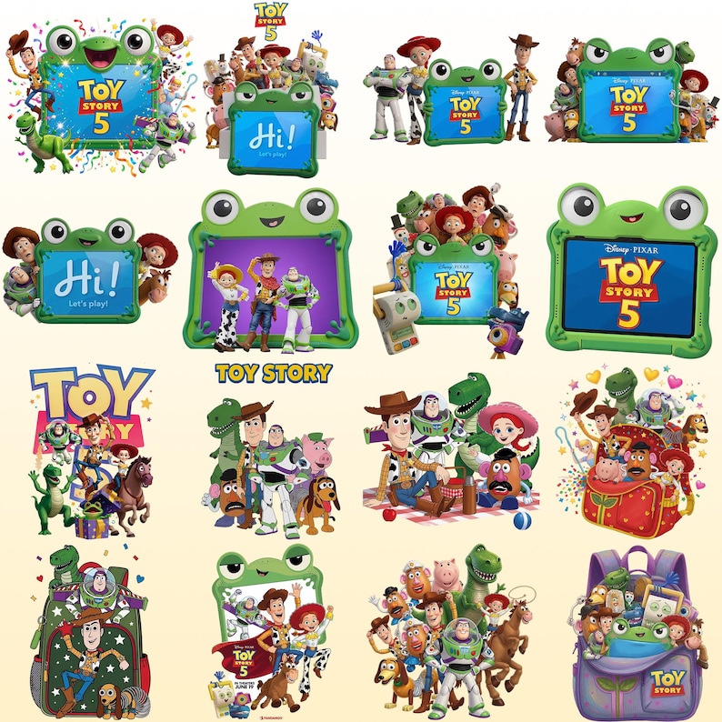 K&ouml;nnte beinhalten: Eine Sammlung digitaler Illustrationen mit Toy Story 5 Charakteren wie Woody, Buzz Lightyear, Jessie, Rex und Slinky Dog. Mehrere Designs enthalten einen gr&uuml;nen, froschf&ouml;rmigen Rahmen mit dem Toy Story 5 Logo oder dem Text Hi! Let's play!