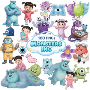 May include: A collection of colorful Monsters, Inc. characters and elements. Includes Sully, Mike Wazowski, Boo, and other monsters in various poses. The image also features balloons, a flower, and the text "160 PNGs MONSTERS INC."