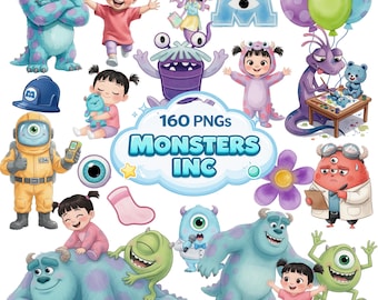 Monsters Inc Watercolor Clipart Bundle PNG, Monsters Inc Clipart, Mike Sulley Boo Birthday Party Clipart, Cute Monsters Inc Characters PNG