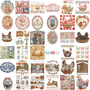 May include: A collection of vintage-style illustrations featuring various themes. The images include ducks, chickens, teddy bears, and floral designs. Some images have text like "Thrifting is my love language" and "Home Sweet Home". The color palette is soft, with pastel shades.