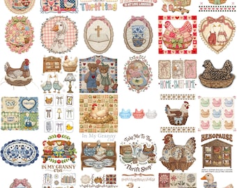 Vintage Thrifted Png Bundle, Grandma Core PNG, Hen in Nest Png, Cottagecore PNG, Granny sweater Design, Thrifted Decor Png Digital Download