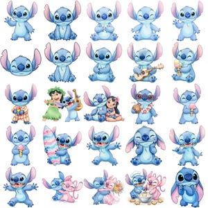 May include: A collection of blue cartoon character stickers in various poses. Some stickers show the character with an ice cream cone, a ukulele, or a surfboard. Other stickers show the character with a female character.