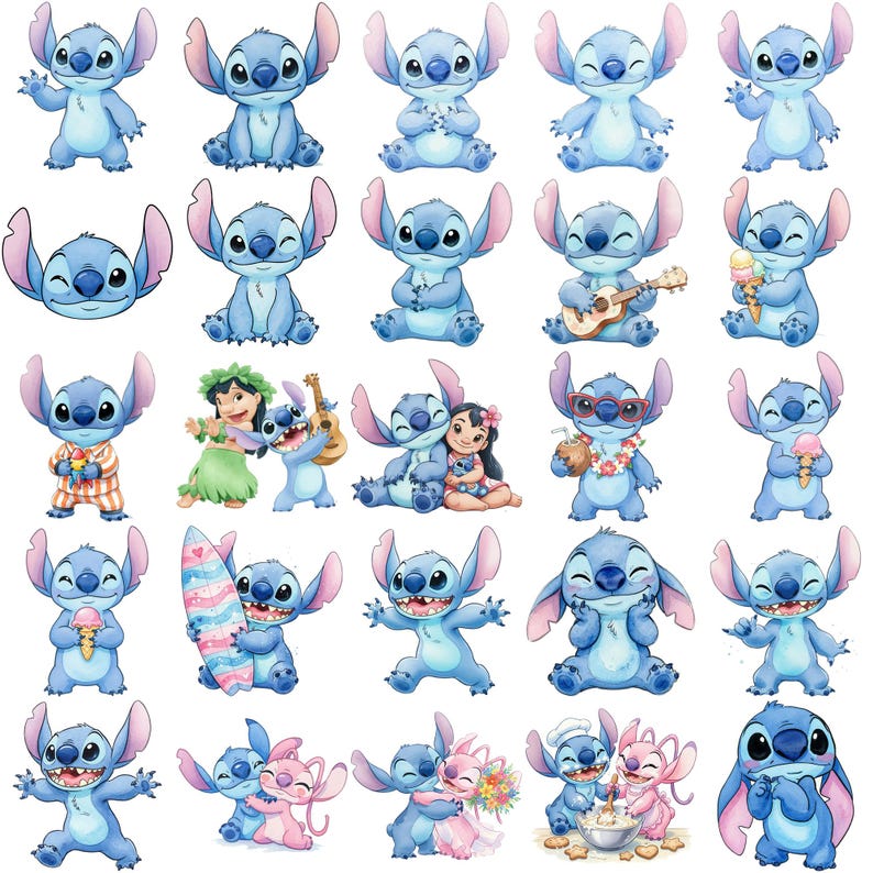 May include: A collection of blue cartoon character stickers in various poses. Some stickers show the character with an ice cream cone, a ukulele, or a surfboard. Other stickers show the character with a female character.
