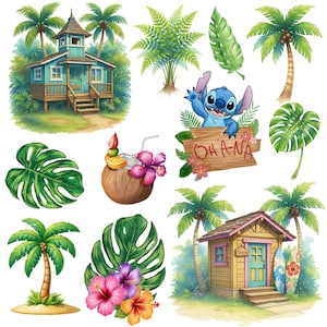 May include: Watercolor illustrations of tropical elements, including palm trees, monstera leaves, hibiscus flowers, and a coconut drink. Features a blue house, a wooden sign with "Ohana", and a cartoon character.