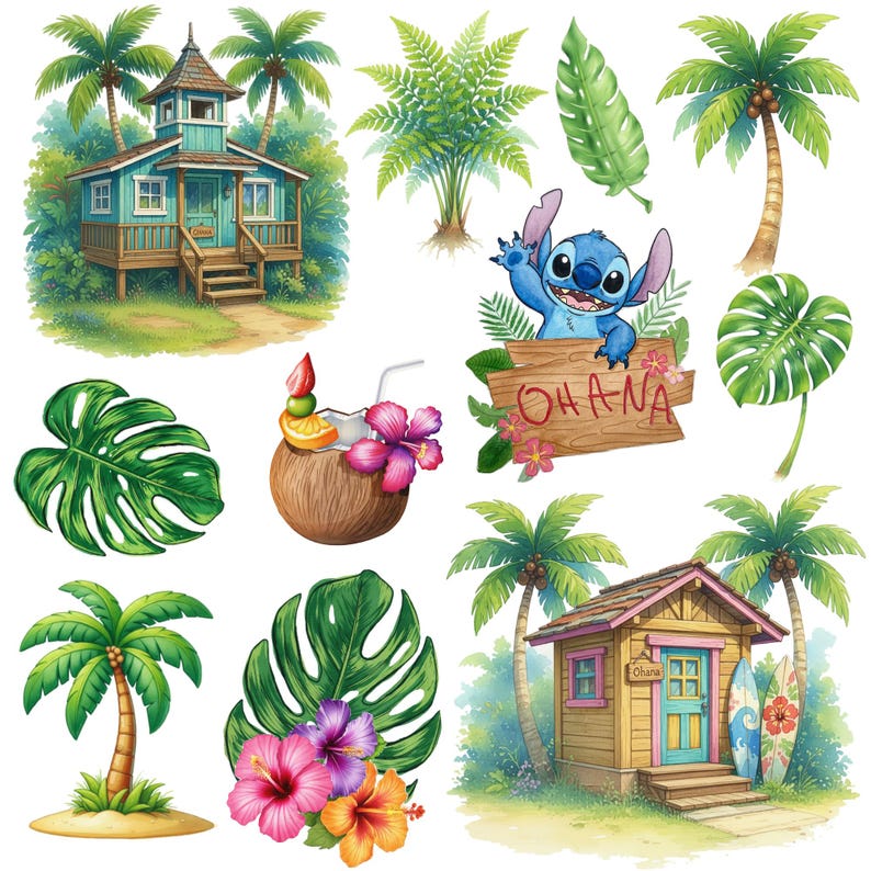 May include: Watercolor illustrations of tropical elements, including palm trees, monstera leaves, hibiscus flowers, and a coconut drink. Features a blue house, a wooden sign with "Ohana", and a cartoon character.