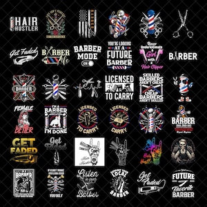 Puede incluir: Una colección de gráficos con temática de barbería sobre un fondo negro. Los diseños incluyen postes de barbero, tijeras y texto como "Hair Hustler", "Barber Life" y "Licensed to Carry". Los gráficos son de varios estilos.