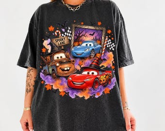 Vintage Disney Pixar Cars Halloween Comfort Colors Shirt, Lightning McQueen Halloween tee, Spooky Racing T-Shirt, Retro Cars 95 Pumpkin
