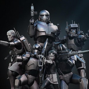 May include: A group of figures in dark armor, holding weapons, against a dark background. The figures appear to be from a science fiction or fantasy theme, with detailed helmets and body armor. Some figures are aiming their weapons.