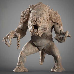 May include: A beige monster figurine with sharp claws, an open mouth, and a chain attached to one arm. The creature has textured skin and is posed menacingly, showcasing its intimidating features. The figurine is a detailed model.