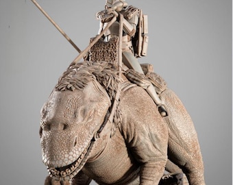 May include: A detailed sculpture of a Stormtrooper riding a reptilian creature. The figure is in a neutral color palette, with the Stormtrooper in full armor and holding a spear. The creature has textured skin and a saddle.