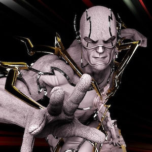 May include: Digital artwork of a superhero figure, reaching out. The character is mainly white with gold detailing on the armor and mask. The background is black with red and white streaks, creating a sense of speed.