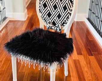 Hollywood Glam Parlor Chair, Black Fur Seat, Crystal Drops