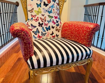 Hand Painted Plush Chair, Harlequin Diamonds, Decoupage Butterflies