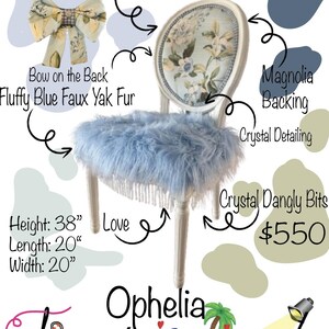 May include: A decorative chair with a fluffy blue faux yak fur seat and a magnolia backing. The chair has crystal detailing and crystal dangly bits. The height is 96.5 cm, length is 50.8 cm, and width is 50.8 cm.