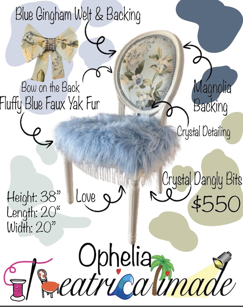 May include: A decorative chair with a fluffy blue faux yak fur seat and a magnolia backing. The chair has crystal detailing and crystal dangly bits. The height is 96.5 cm, length is 50.8 cm, and width is 50.8 cm.