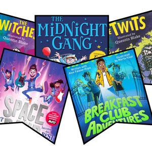 Op de afbeelding: Een verzameling kinderboeken met kleurrijke covers. Titels zijn onder meer "The Witches", "The Midnight Gang", "The Twits", "Space Band" en "Breakfast Club Adventures". Illustraties en auteursnamen zijn zichtbaar.