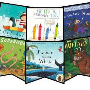 May include: A selection of children's book covers, including "Lost and Found", "Superworm", and "The Day the Crayons Quit". Other titles are "Room on the Broom", "The Snail and the Whale", and "The Gruffalo". The covers display vibrant illustrations.