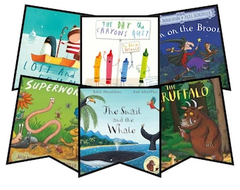 May include: A collection of children's book covers. Titles include "Lost and Found", "Superworm", "The Day the Crayons Quit", "Room on the Broom", "The Snail and the Whale", and "The Gruffalo". The covers feature colorful illustrations.
