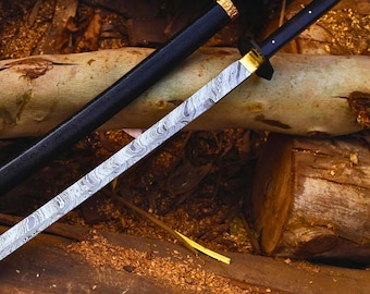 Handgesmeed Japans tantozwaard (shirasaya): 36" damascus met volledige tang | handvat van buffelhoorn en metalen schede