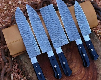 Handgesmede koksmessenset van damaststaal | Leren rol, cadeau voor hem