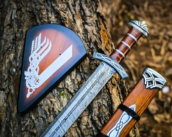 Damascus Vikingzwaard: handgemaakt Noormannen lang zwaard met schede