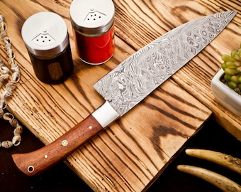 Handgesmeed koksmes van damaststaal | Palissander handvat: