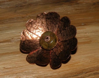 Flower Pin - Copper Petals - Jasper Center - 1 1/2"