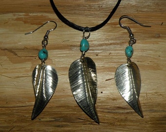 Nickel Leaf Pendant and Earrings Set - Turquoise Nuggets - L074