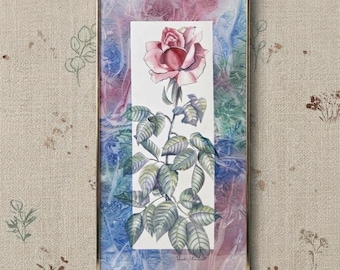Original Watercolor Rose Painting Signed Framed Botanical Art 20 x 10 Vintage