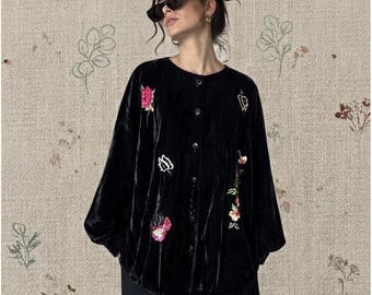 Bardehle Black Velvet Floral Embroidered Jacket European Boutique Vintage Medium