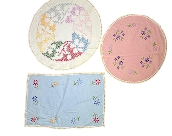 3 Vintage Embroidered Doilies Crochet Floral Handmade Linens Cottagecore Grandma