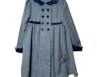 Little Bitty Dress Coat Blue Velvet Trim Floral Embroidery Vintage Style Size 6