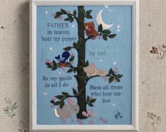 Embroidered Children's Prayer Wall Art Crewel Baby Nursery Kids Room Vintage