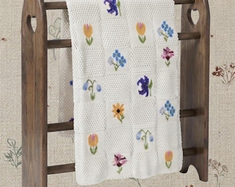 Handmade Crochet Blanket White Floral Colorful Cross Stitch Cottagecore Vintage