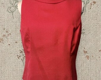 Vintage Red Sleeveless Top MCM Jackie O Mod Roll Neck Button Up Retro Bold Color