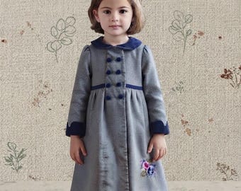 Little Bitty Kids Dress Coat Blue Velvet Floral Embroidered Vintage Girls Size 6