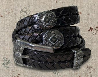 Brighton Braided Leather Belt Black Silver Western Boho Concho Vintage Medium 30