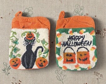 Vintage Halloween Potholders Black Cat Orange Pumpkin Kitsch Fall Decor Kitchen