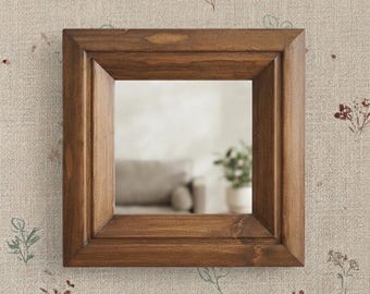 Square Wall Mirror Brown Wood Frame Rustic Farmhouse Decor Accent Mirror Vintage