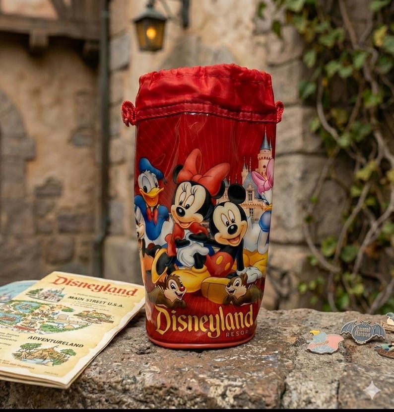 Pu&ograve; includere: Tazza souvenir rossa di Disneyland con Topolino, Minnie, Paperino e Cip e Ciop. La tazza ha una parte superiore rossa con coulisse e il logo Disneyland Resort. Una mappa di Disneyland e spille sono accanto alla tazza.