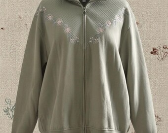 Quilted Floral Embroidered Zip Sweatshirt Grandmacore Cottagecore Fairy Vintage