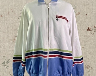 Alfred Dunner Track Jacket White Blue Stripes Retro Windbreaker Vintage Size 14