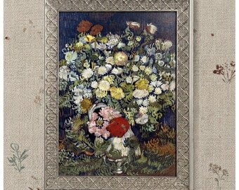 Van Gogh Reproduction Bouquet of Flowers in a Vase Gold Frame Wall Art Vintage